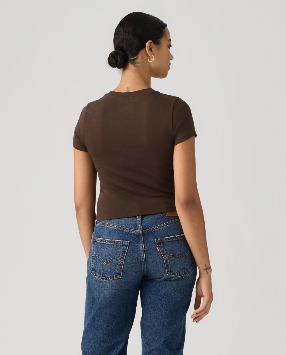 T-shirt Cropped com Manga Curta e Decote Redondo Castanho-escuro-2
