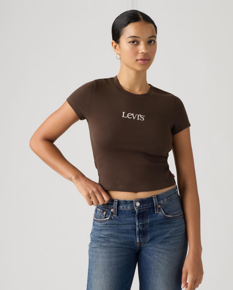 T-shirt Cropped com Manga Curta e Decote Redondo Castanho-escuro-4