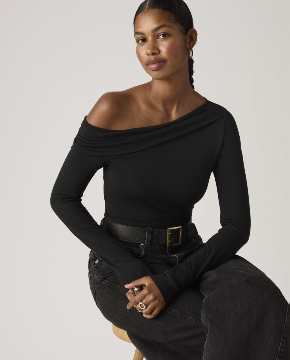 Camisola com Manga Comprida e Gola Assimétrica Preto-4