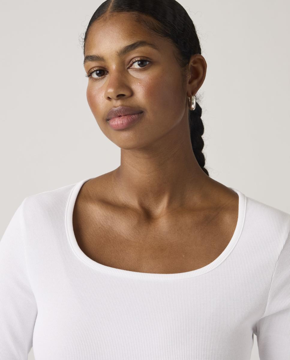 Camisola de Manga Comprida com Decote Quadrado Branco-3