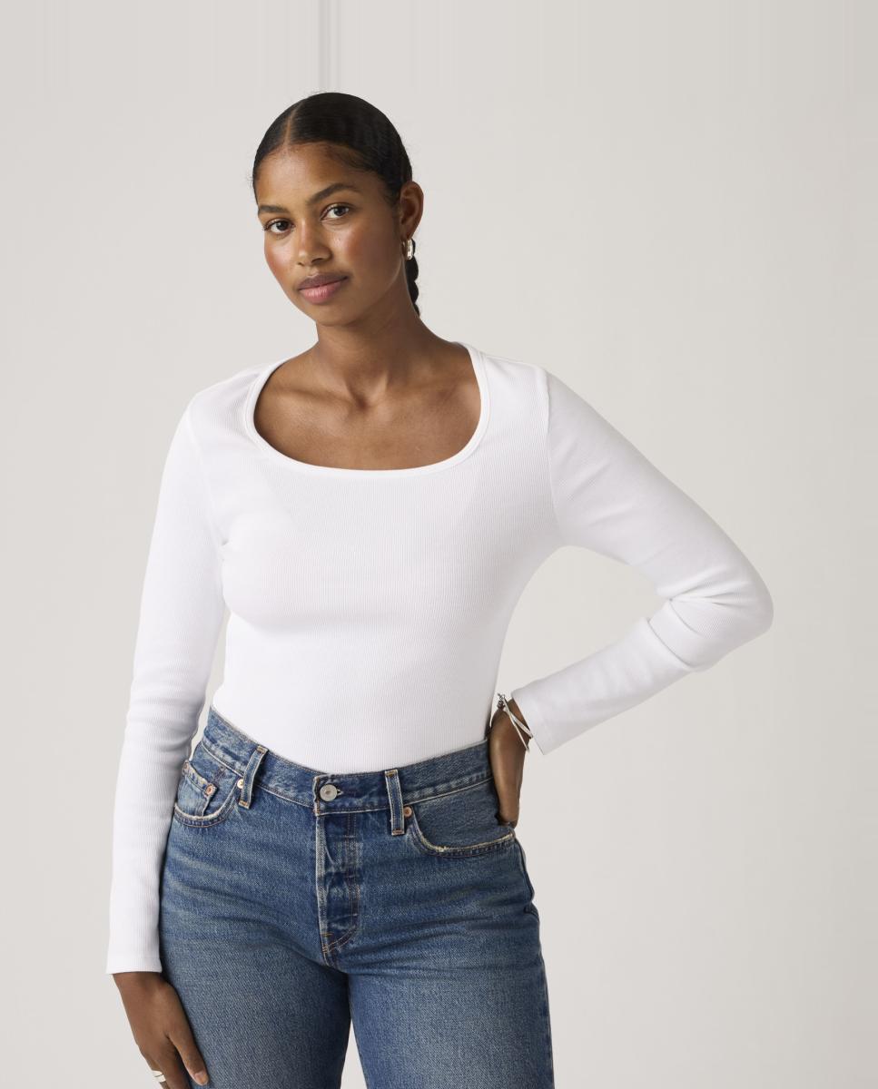 Camisola de Manga Comprida com Decote Quadrado Branco-4