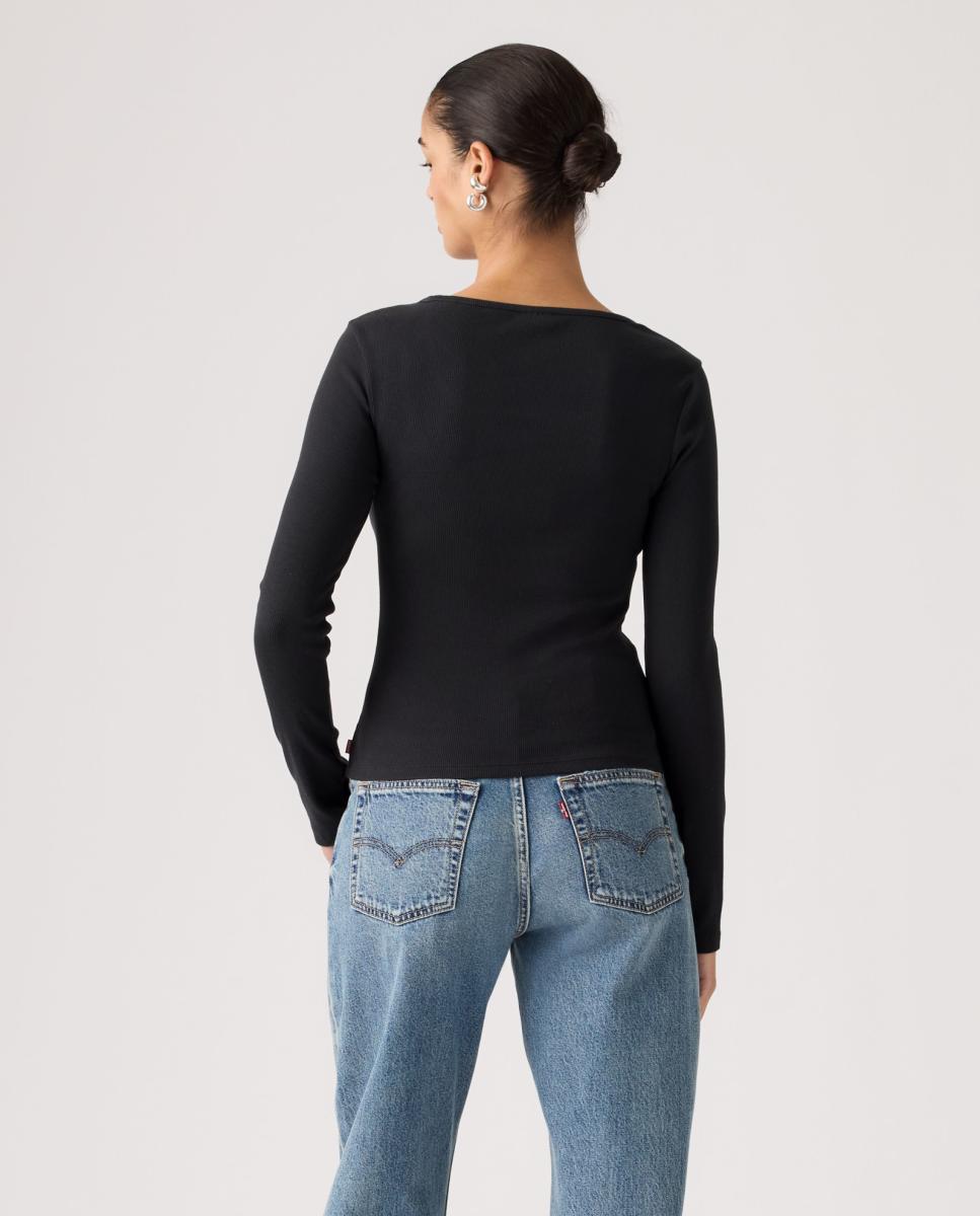 Camisola de Manga Comprida com Decote Quadrado Preto-2