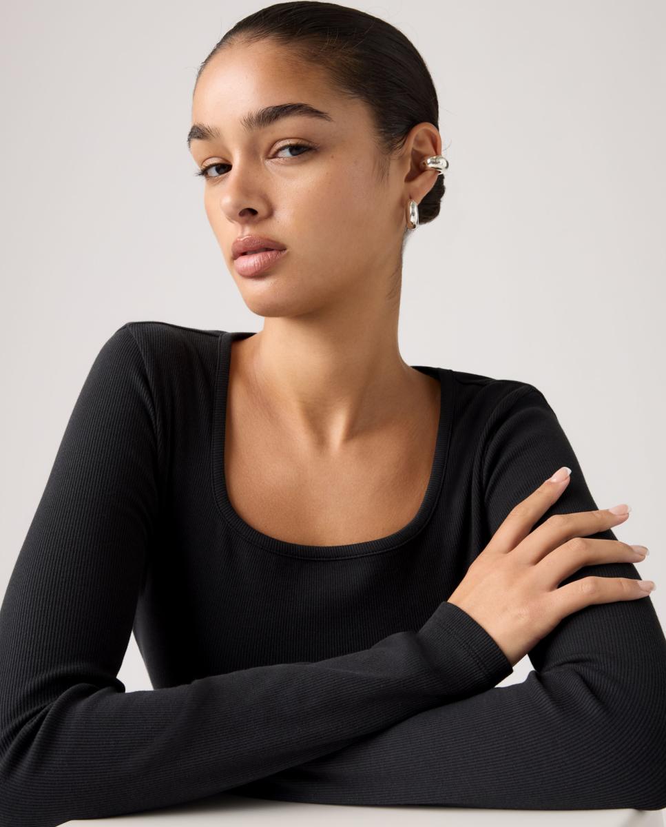 Camisola de Manga Comprida com Decote Quadrado Preto-3