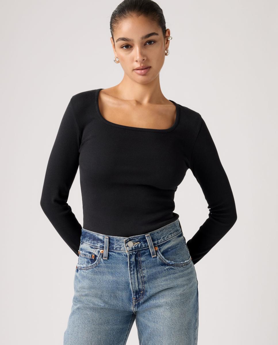 Camisola de Manga Comprida com Decote Quadrado Preto-4