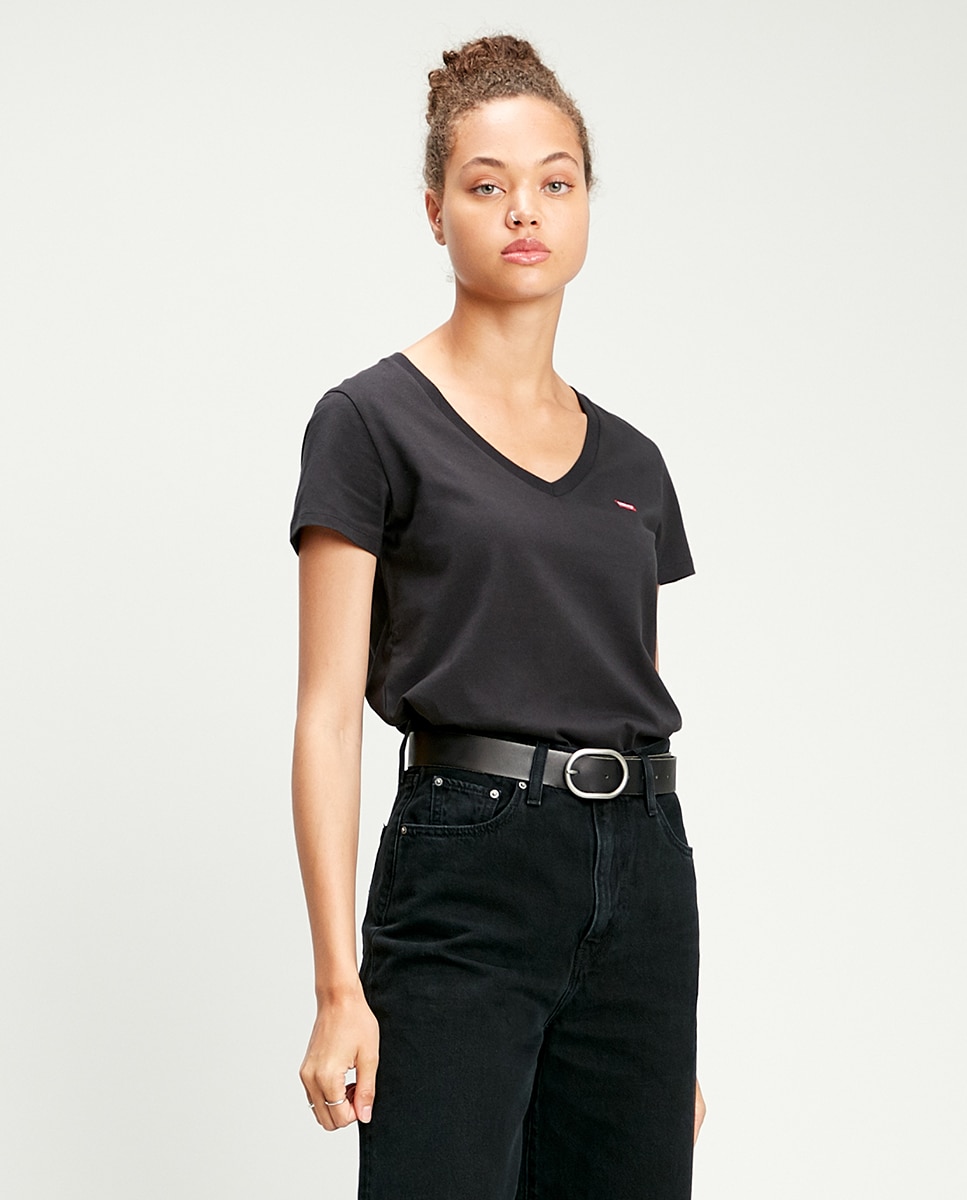 T-shirt básica de algodão com decote em bico Preto-1