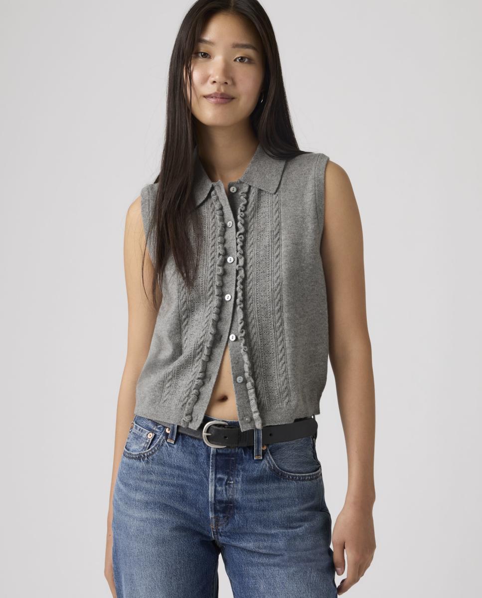 Colete de Malha do Cabo com Colarinho de Polo Cinzento-claro-4