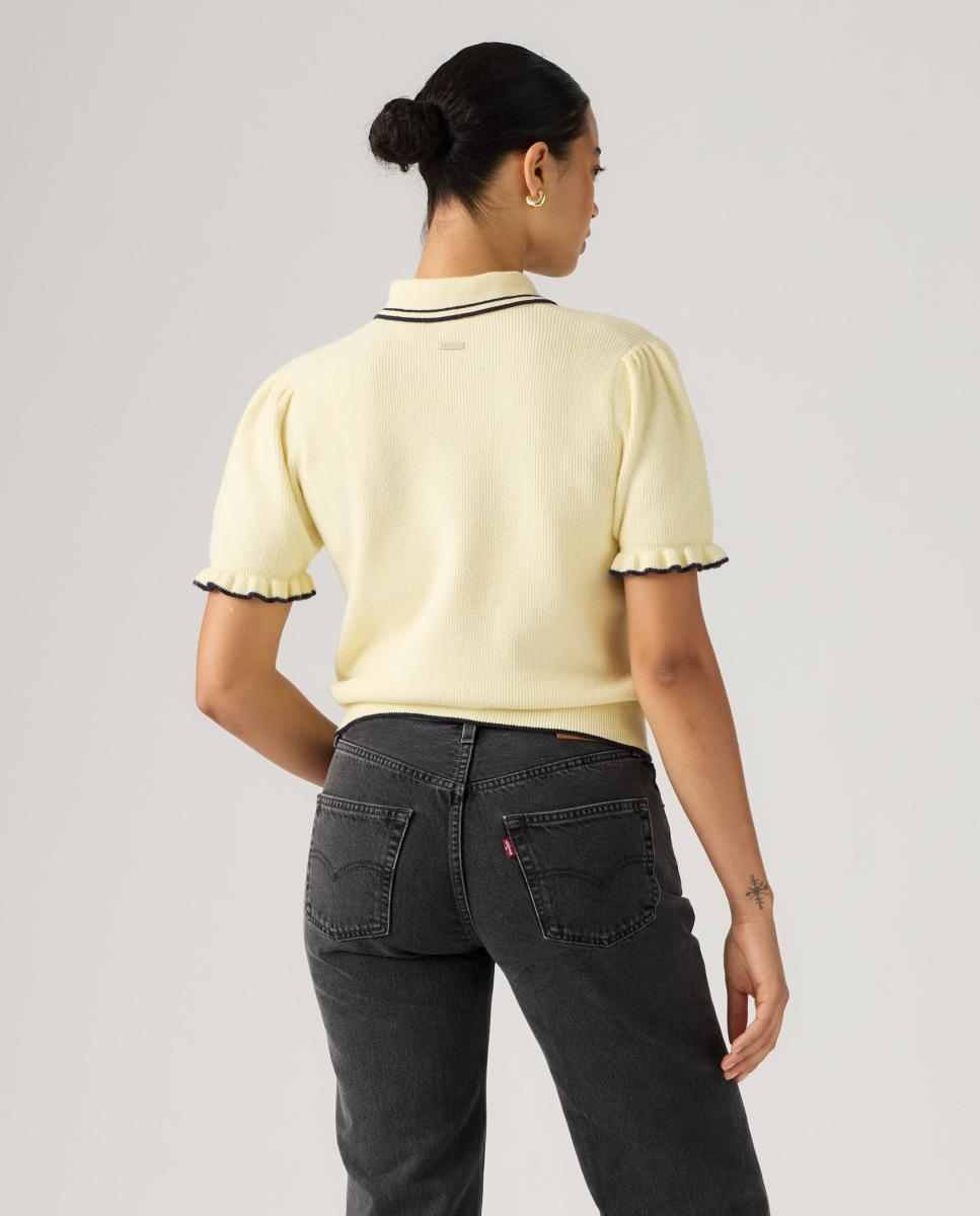 Camisola de Malha com Colarinho de Polo e Manga Curta Amarelo-2