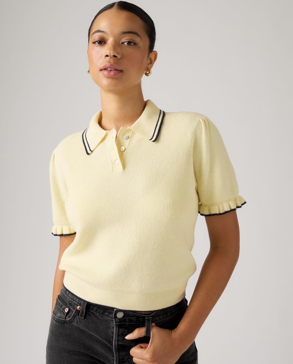 Camisola de Malha com Colarinho de Polo e Manga Curta Amarelo-4