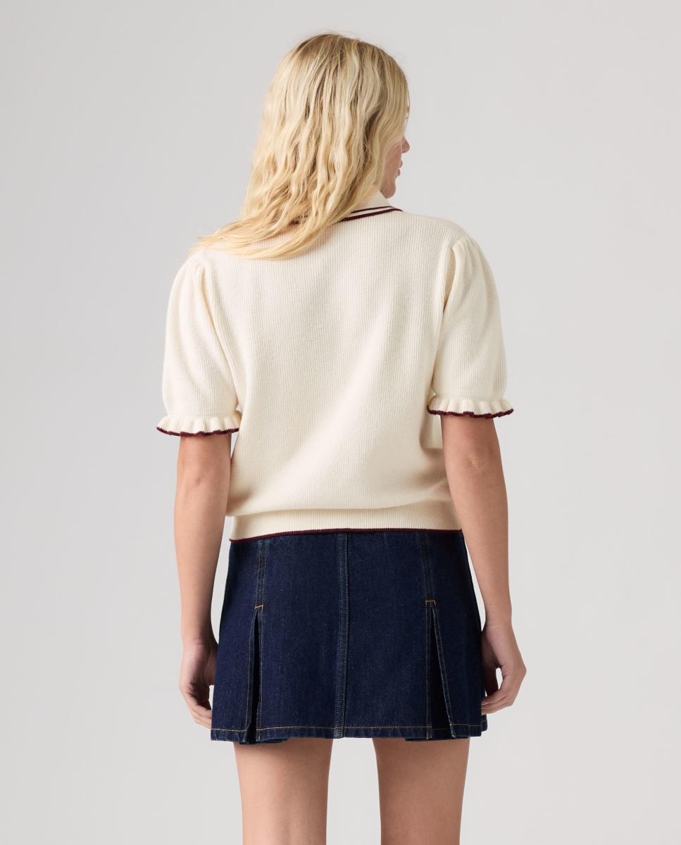 Camisola de Malha com Colarinho de Polo e Manga Curta Creme-2