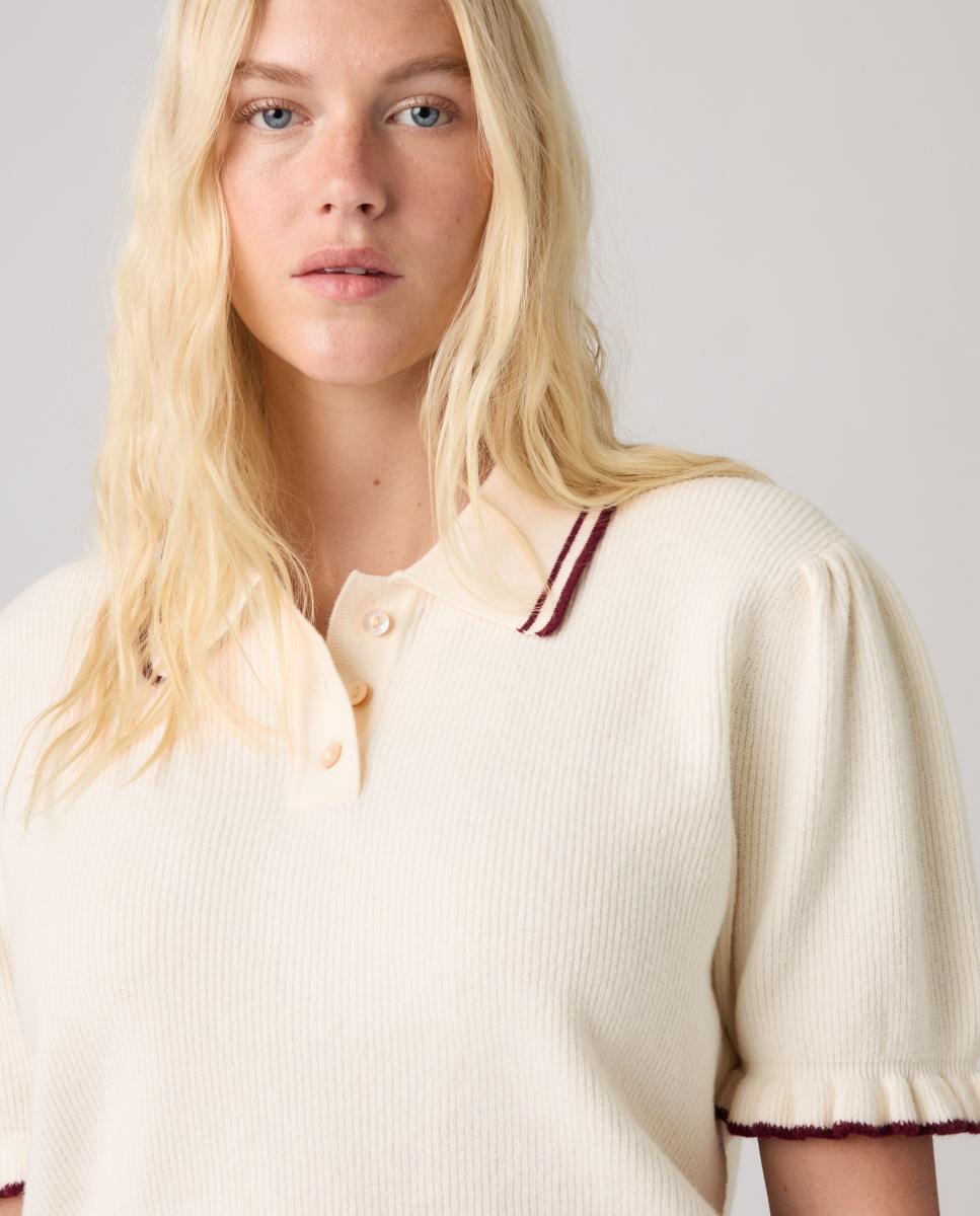 Camisola de Malha com Colarinho de Polo e Manga Curta Creme-3