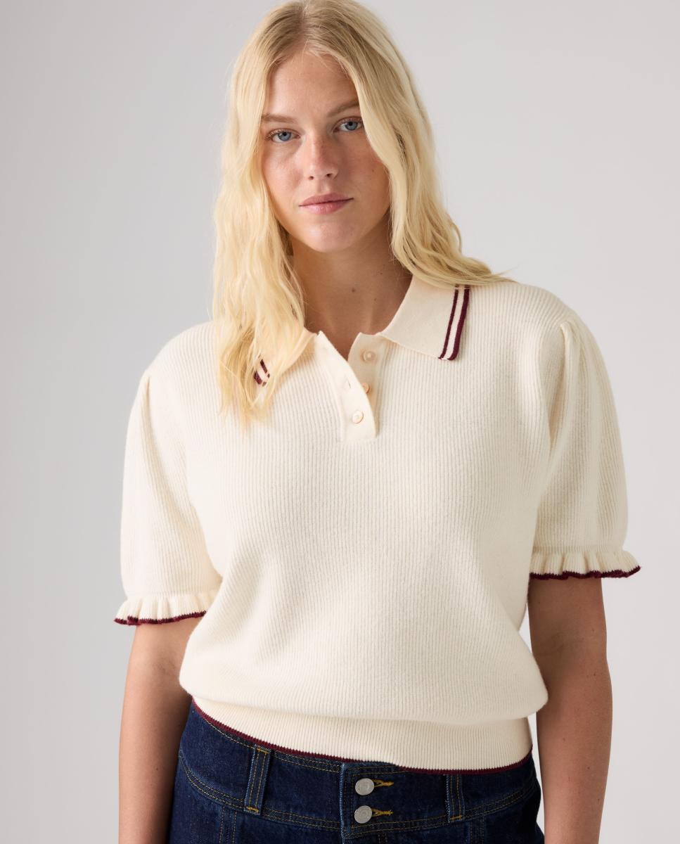 Camisola de Malha com Colarinho de Polo e Manga Curta Creme-4