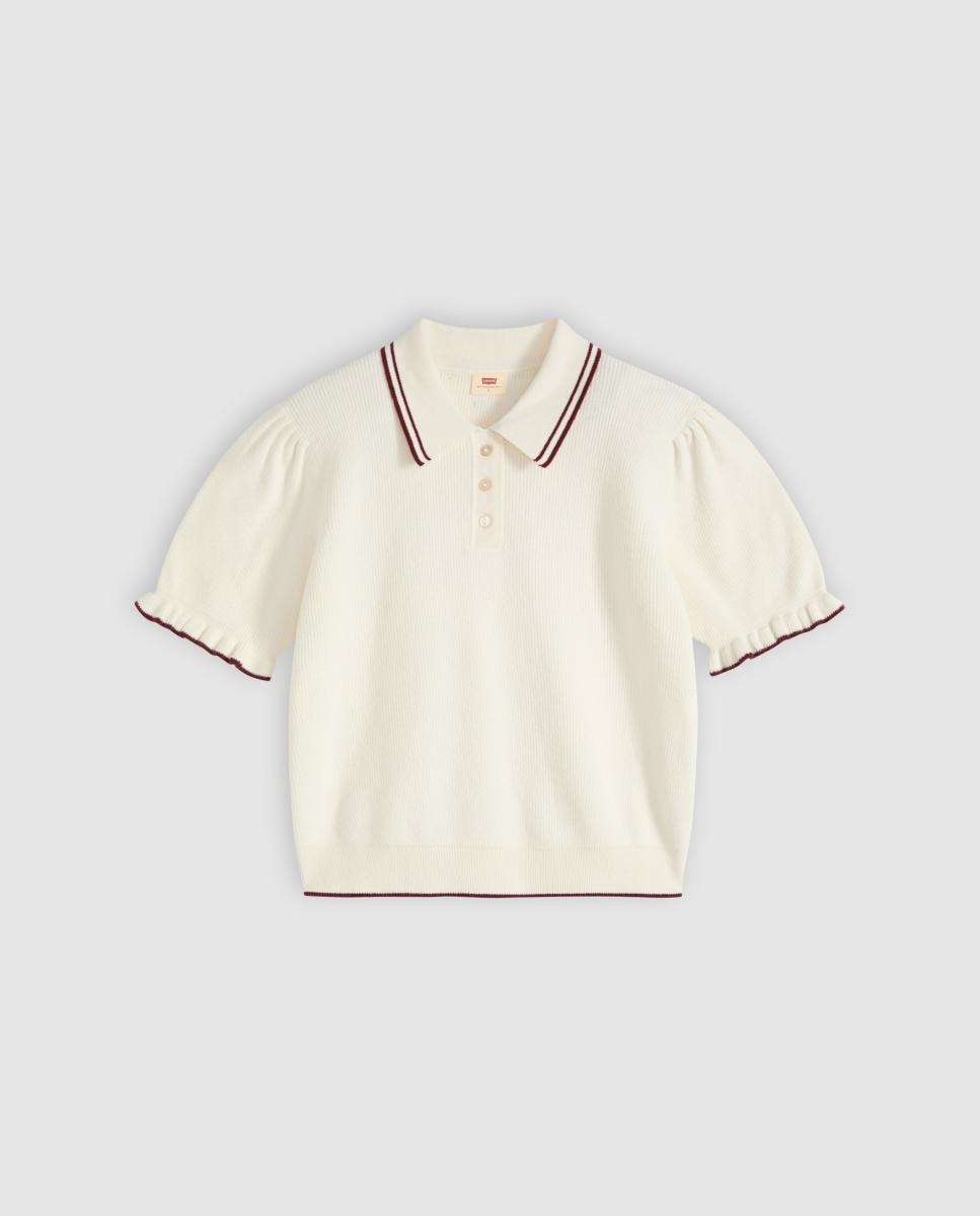 Camisola de Malha com Colarinho de Polo e Manga Curta Creme-5
