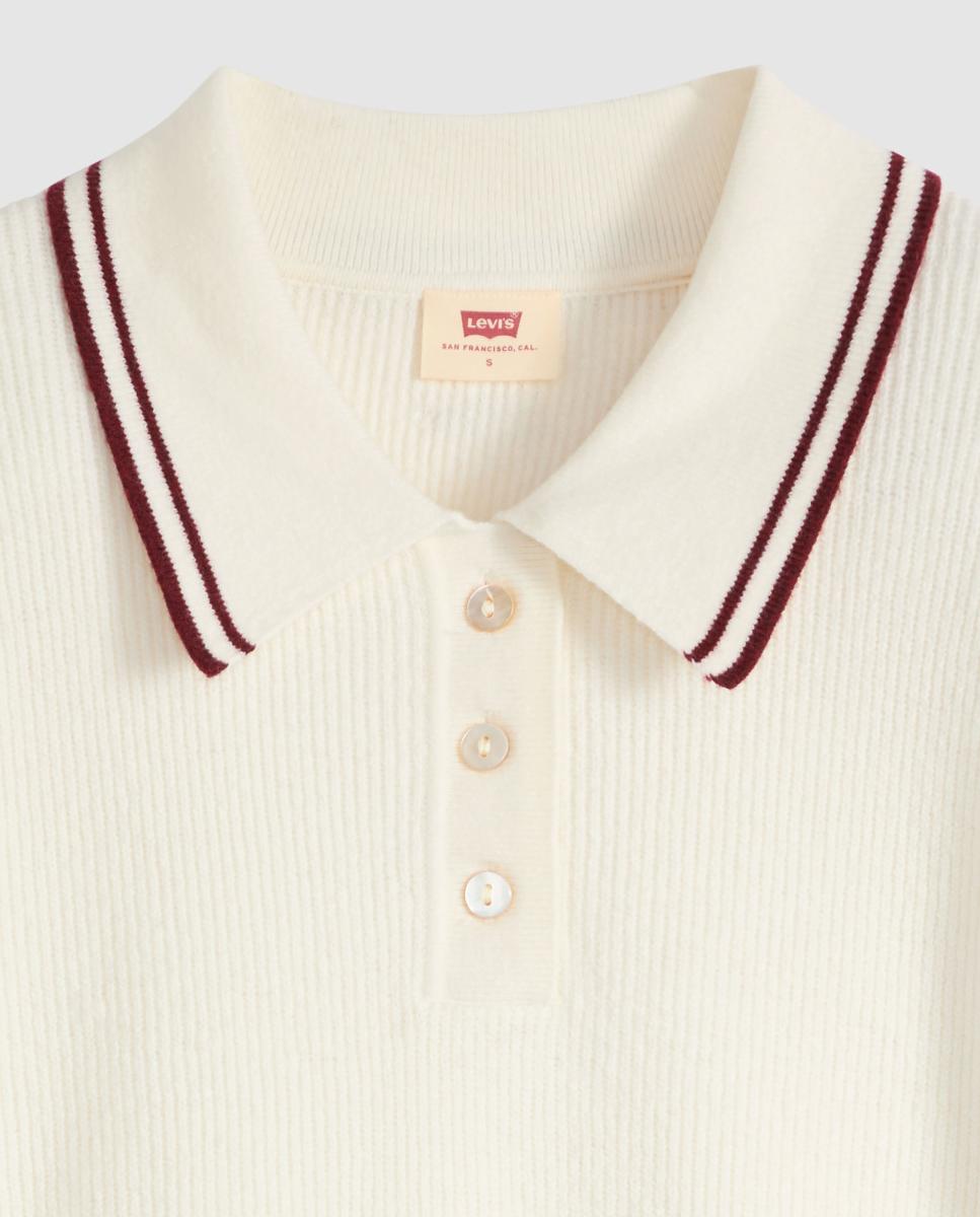 Camisola de Malha com Colarinho de Polo e Manga Curta Creme-6