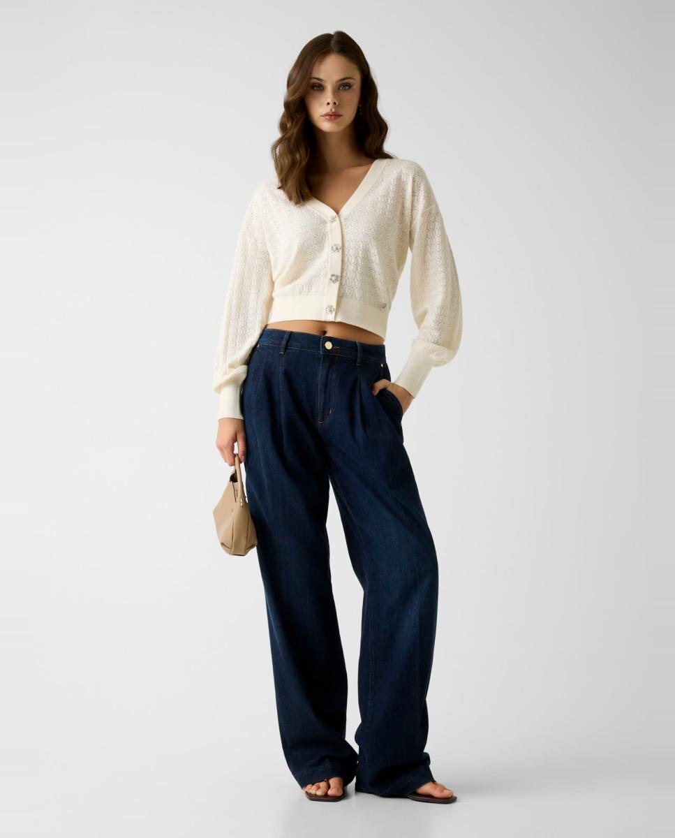 Cardigan de Manga Comprida Creme-5