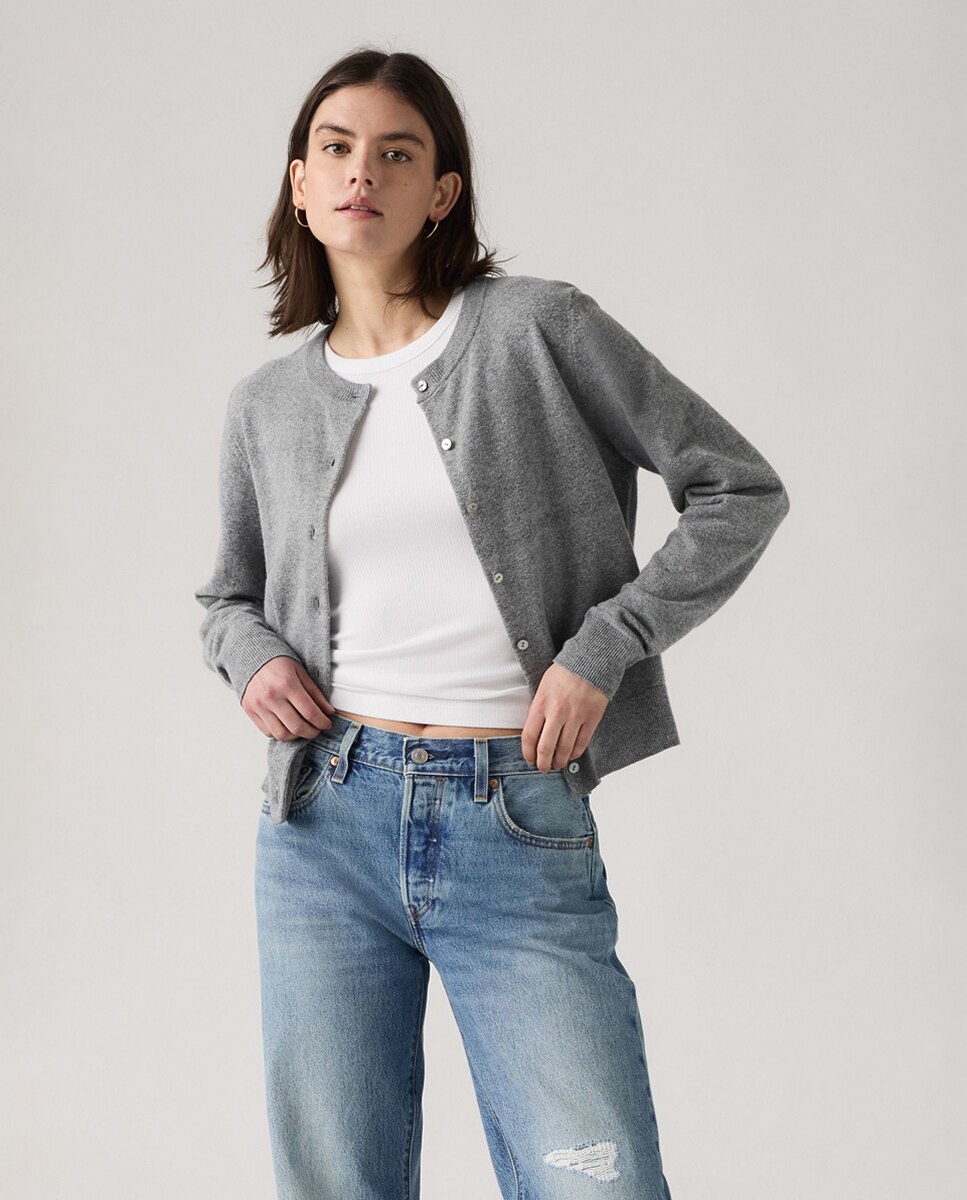 Cardigan de Malha com Decote Redondo Cinzento-1