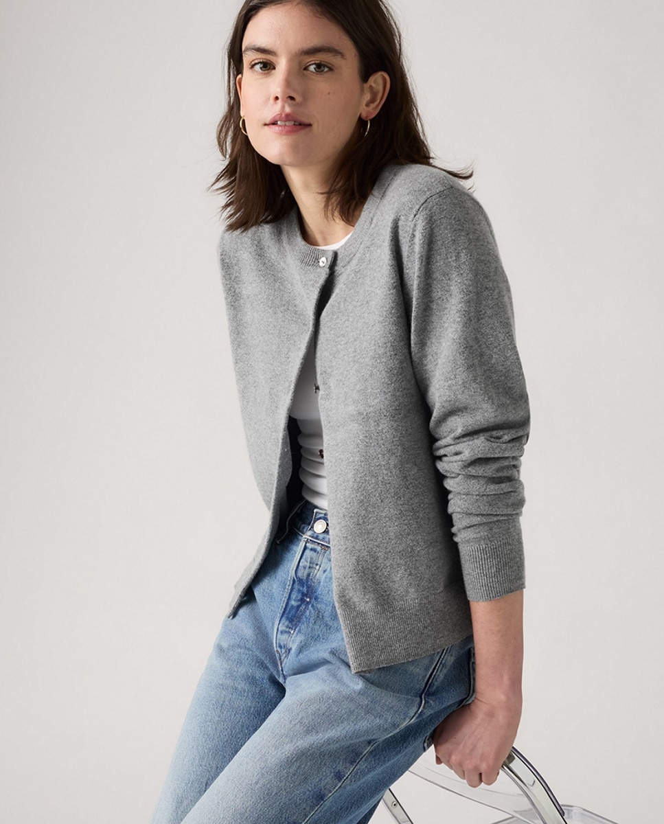 Cardigan de Malha com Decote Redondo Cinzento-4