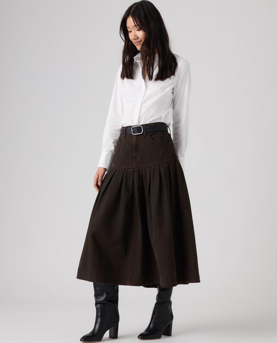 Saia de Ganga Midi Yoked Pleated Castanho-escuro-4