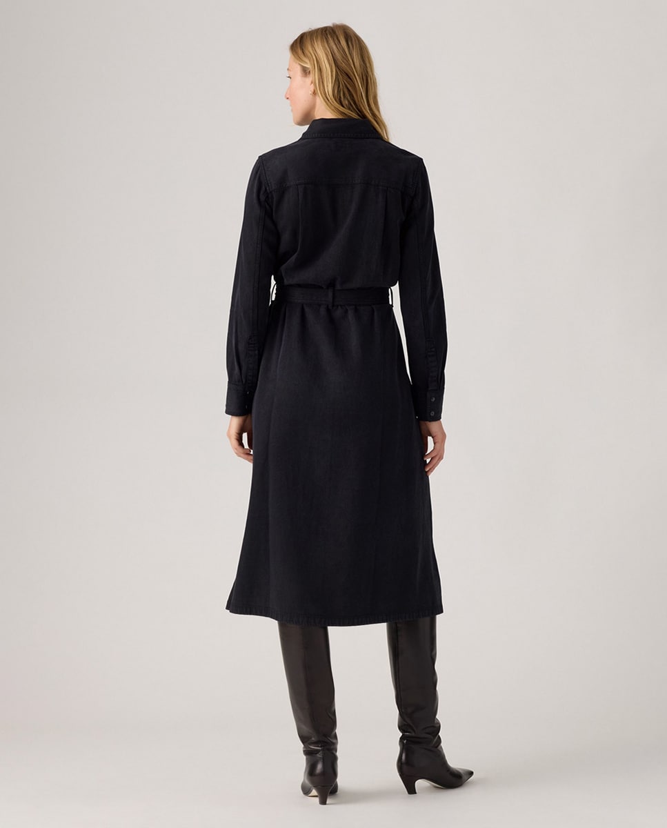 Vestido Comprido de Ganga com Manga Comprida Preto-2