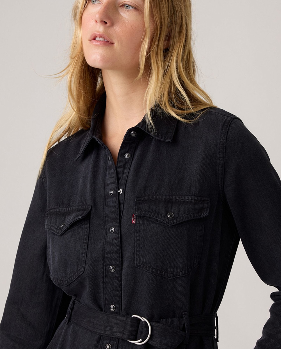 Vestido Comprido de Ganga com Manga Comprida Preto-3