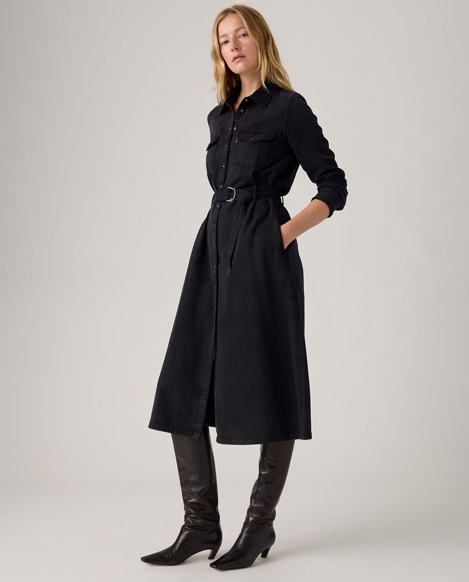 Vestido Comprido de Ganga com Manga Comprida Preto-4