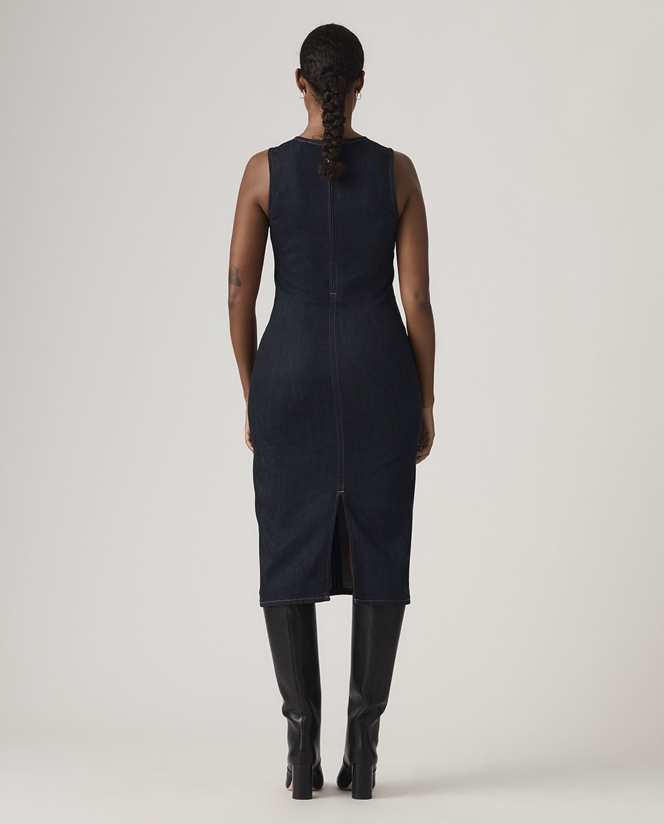 Vestido de Ganga Midi sem Mangas Preto-2