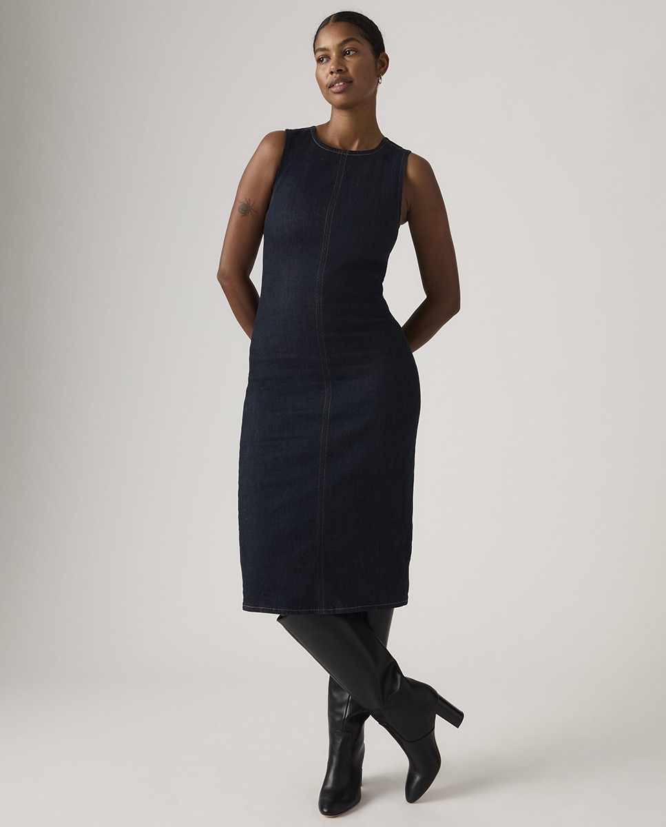 Vestido de Ganga Midi sem Mangas Preto-4