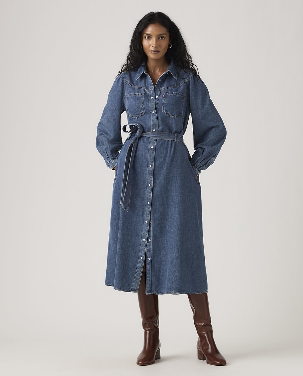 Imagem 0 de Vestido Comprido de Ganga com Manga Comprida