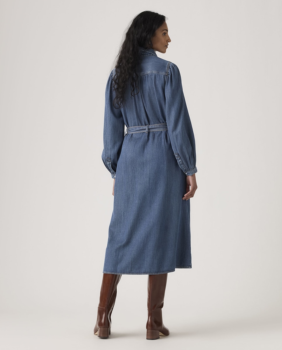 Vestido Comprido de Ganga com Manga Comprida Azul-2