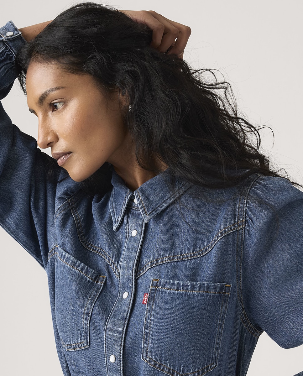 Vestido Comprido de Ganga com Manga Comprida Azul-3