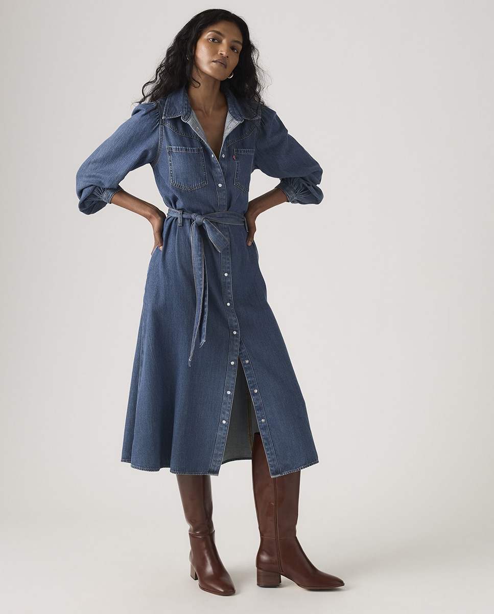 Vestido Comprido de Ganga com Manga Comprida Azul-4