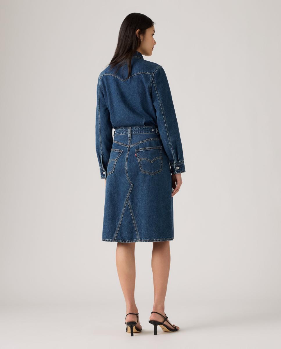 Vestido Midi de Manga Comprida e em Ganga Azul-índigo-2
