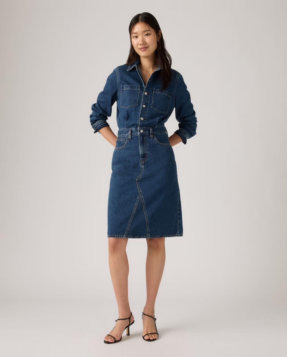 Vestido Midi de Manga Comprida e em Ganga Azul-índigo-5