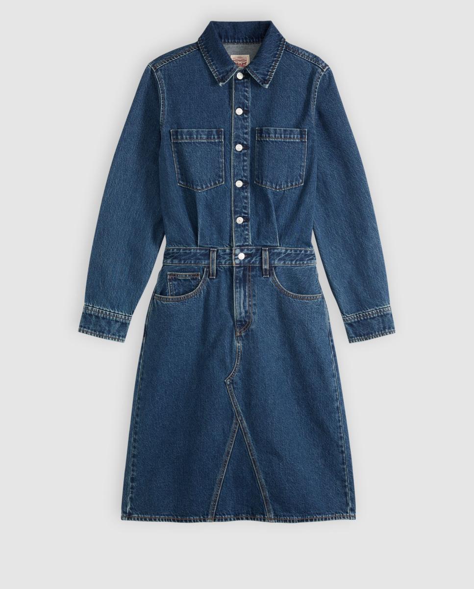 Vestido Midi de Manga Comprida e em Ganga Azul-índigo-6