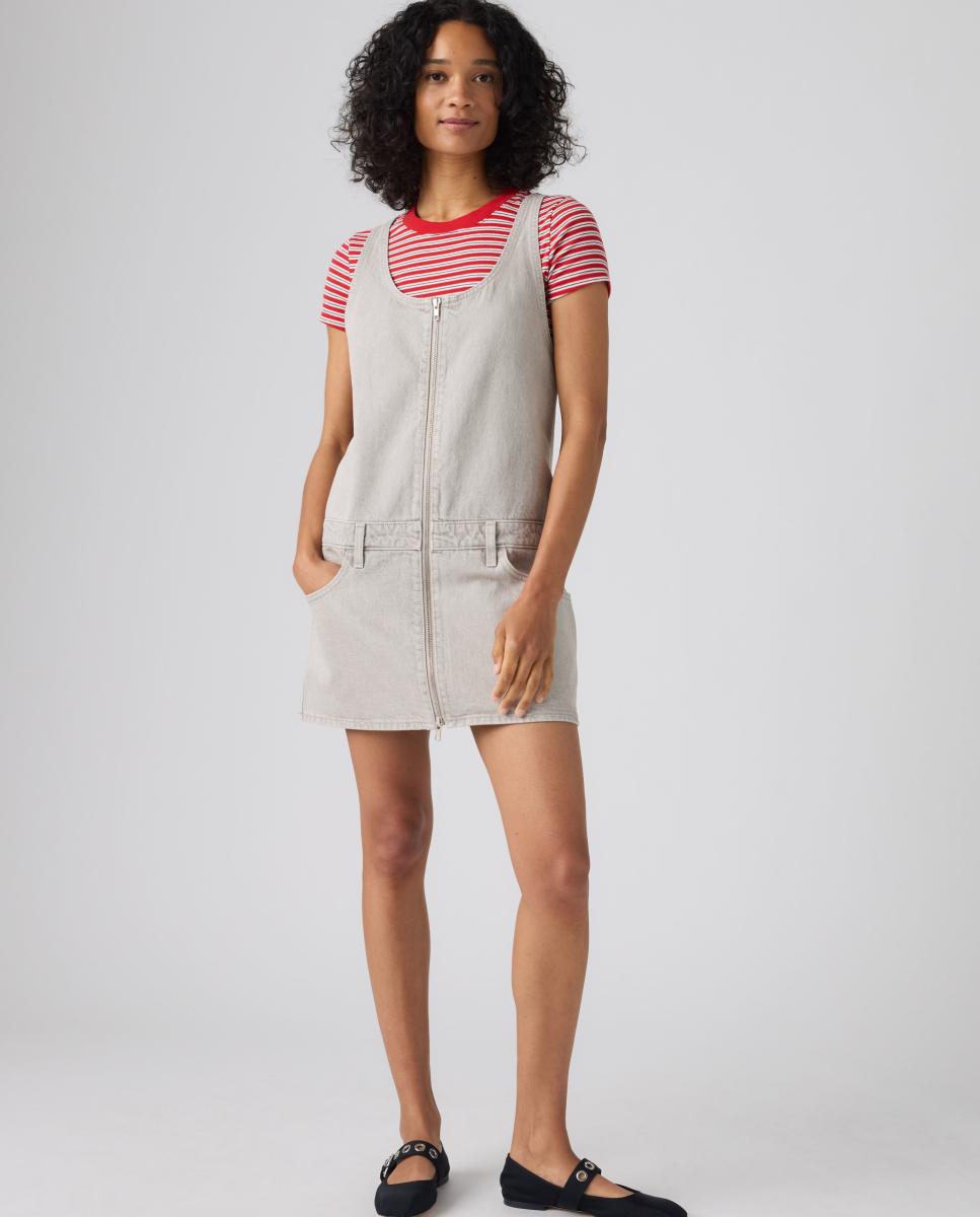 Vestido Curto de Ganga sem Mangas Bege-5