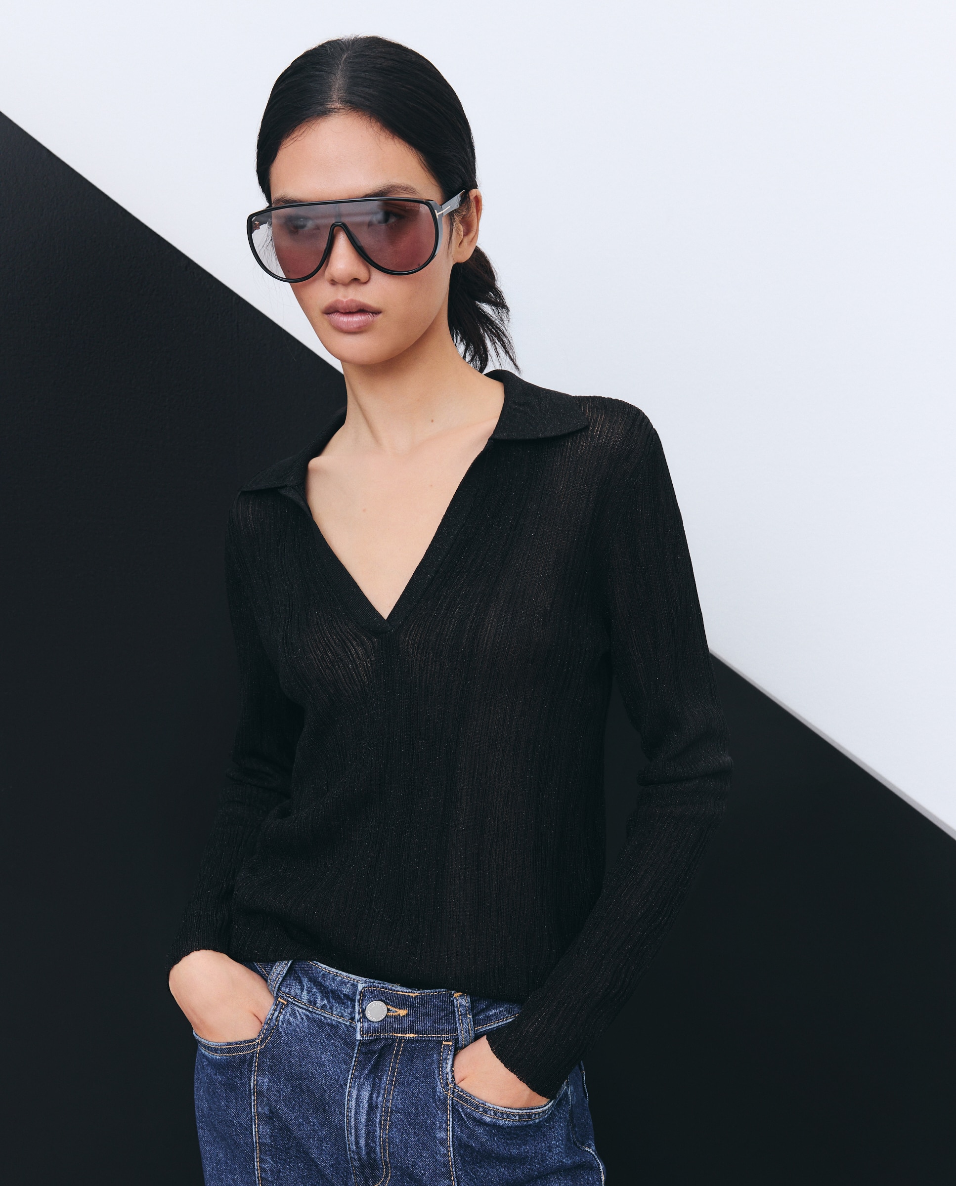 Camisola de Malha com Colarinho de Polo com Fio Metalizado Preto-1