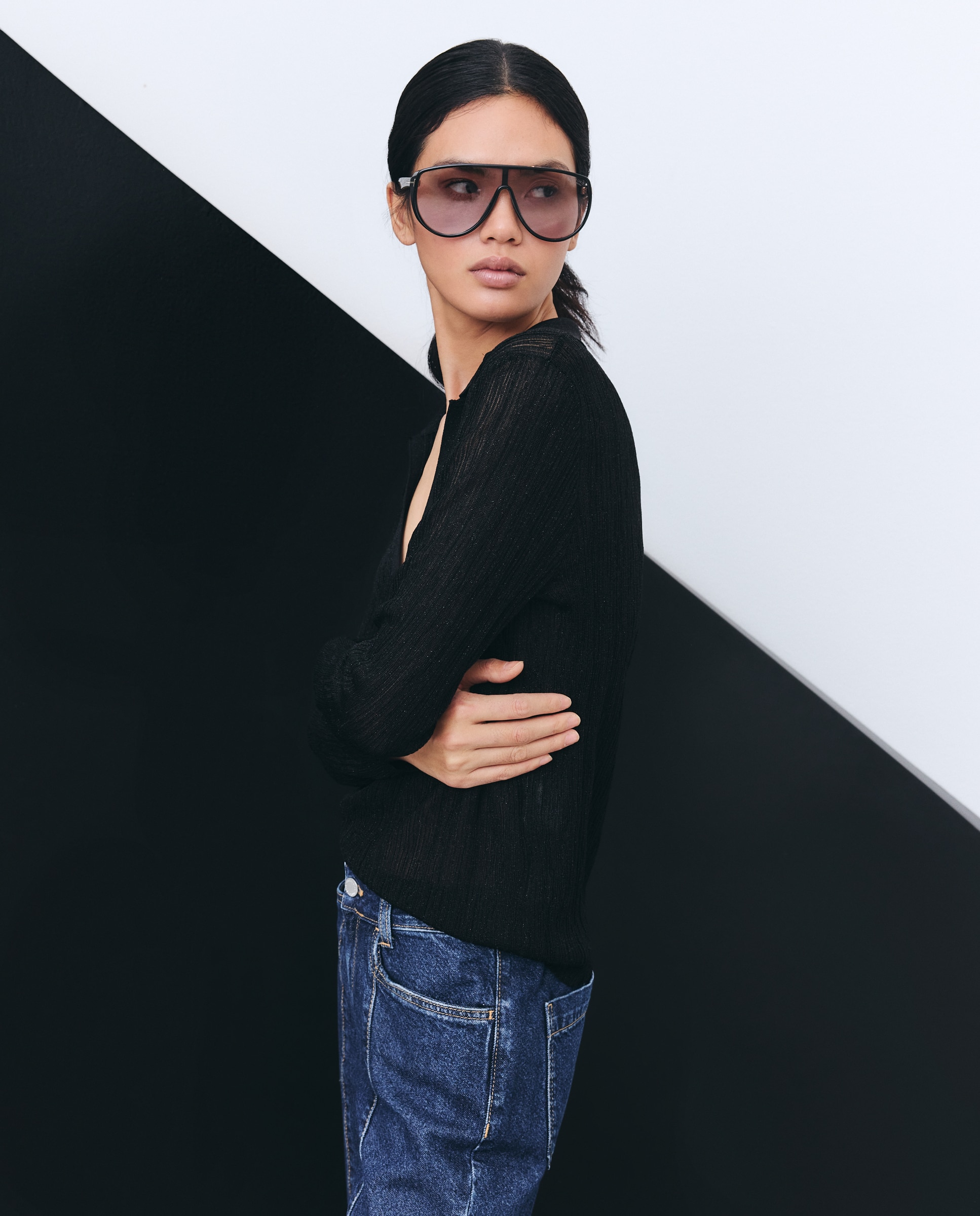 Camisola de Malha com Colarinho de Polo com Fio Metalizado Preto-3