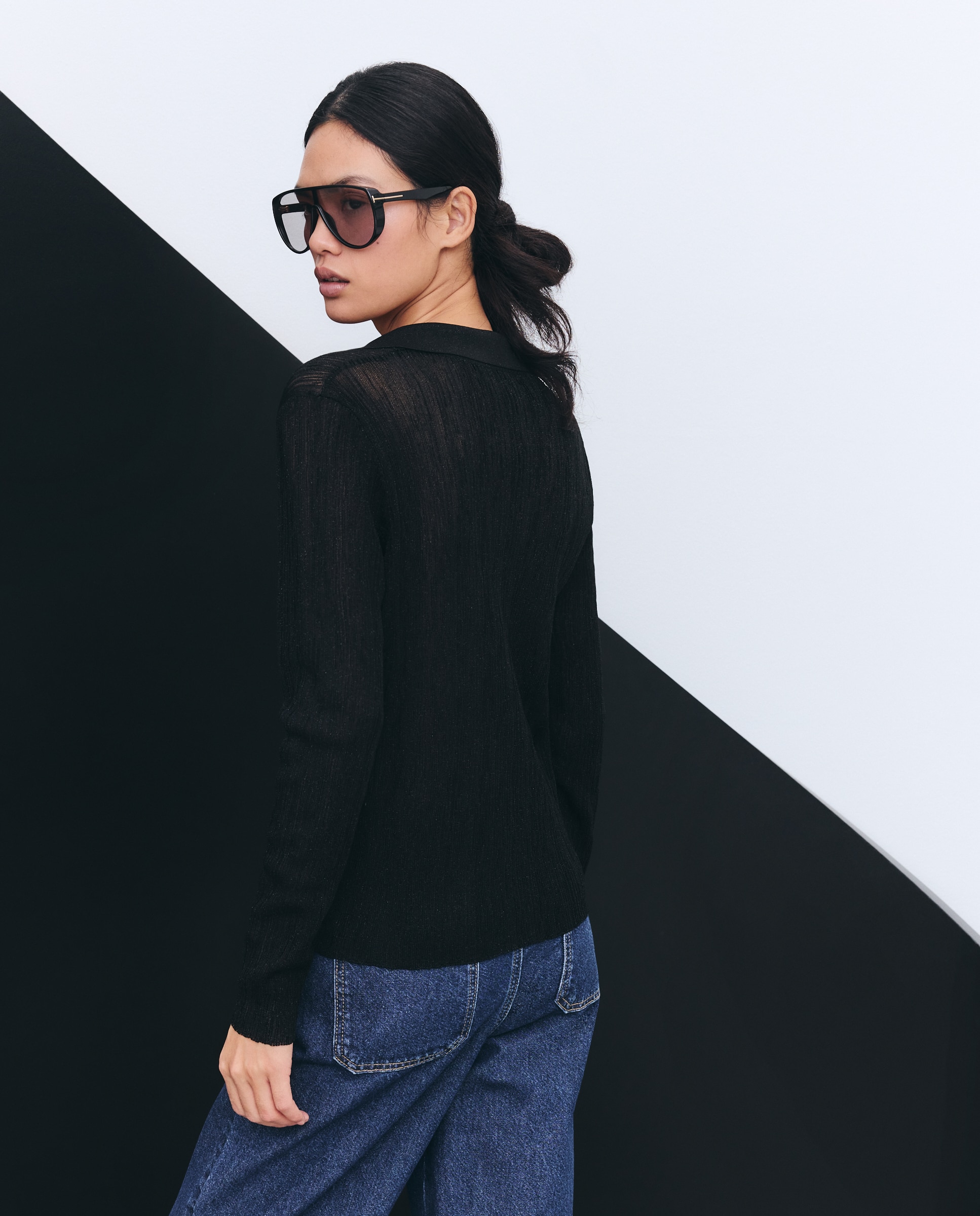 Camisola de Malha com Colarinho de Polo com Fio Metalizado Preto-4