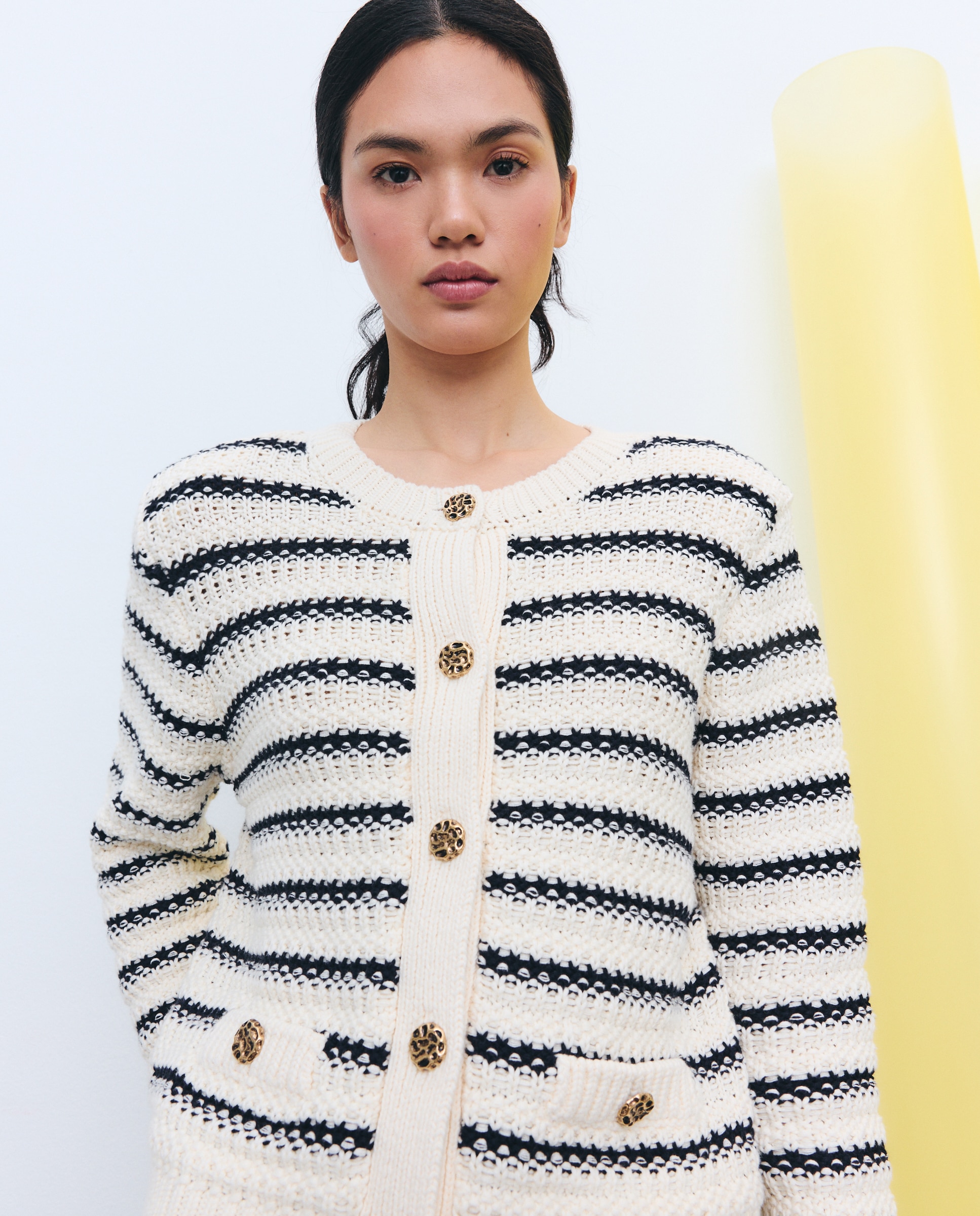 Cardigan às Riscas com Decote Redondo Azul-4