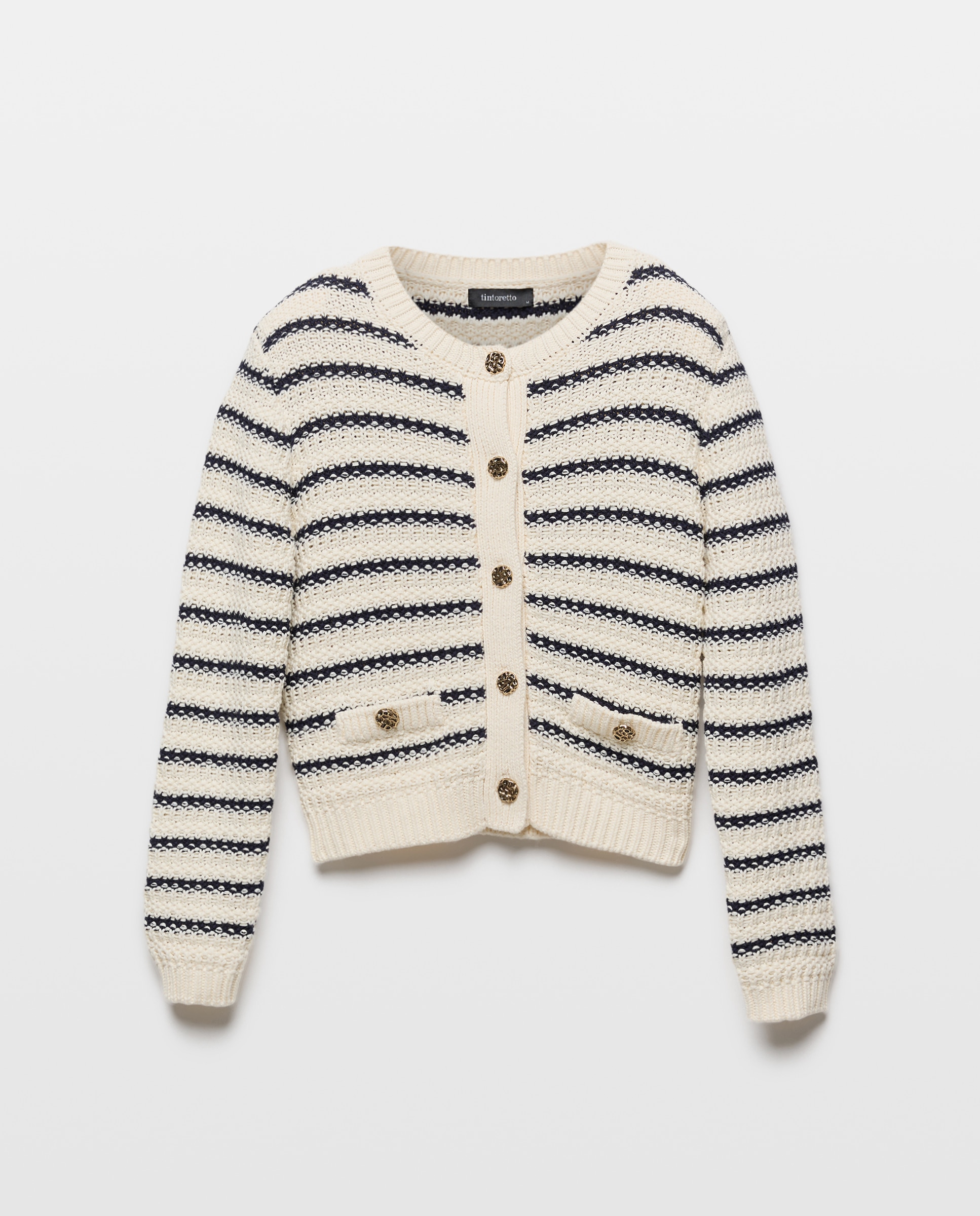 Cardigan às Riscas com Decote Redondo Azul-5