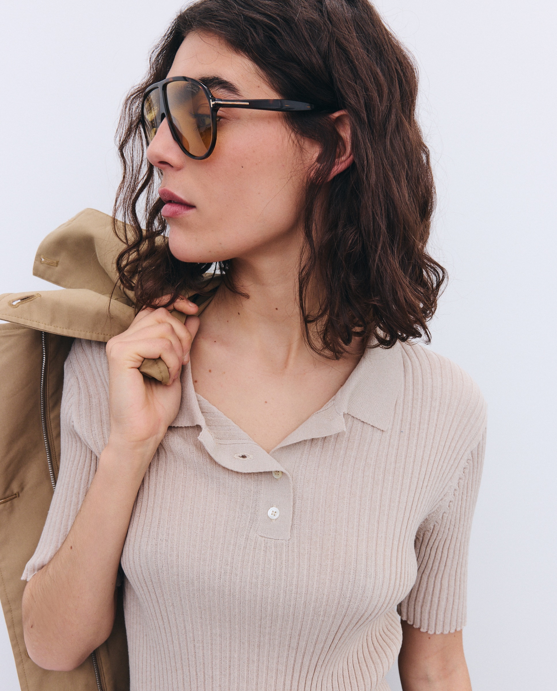 Camisola de Malha com Colarinho de Polo e Manga Curta Bege-1