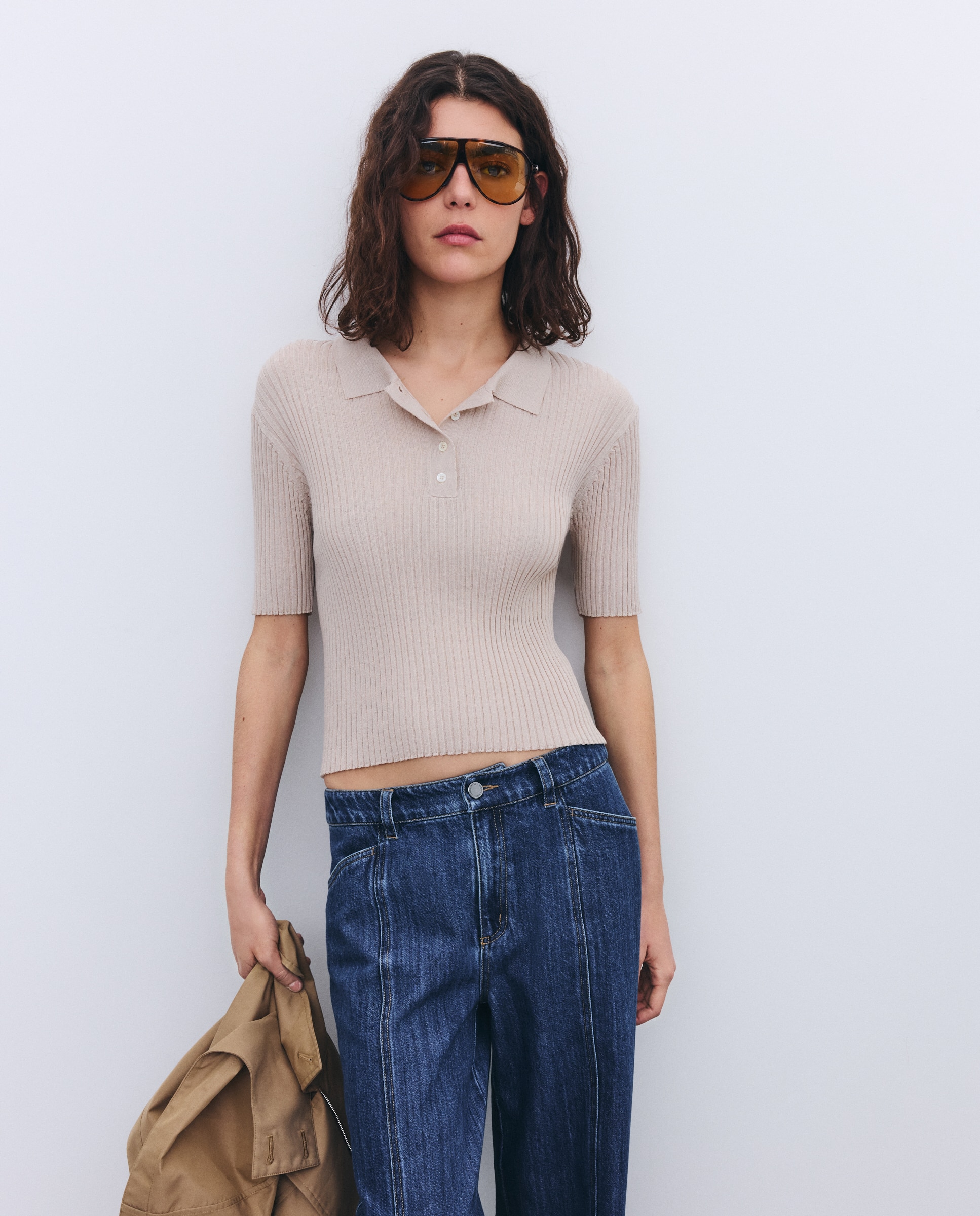 Camisola de Malha com Colarinho de Polo e Manga Curta Bege-2