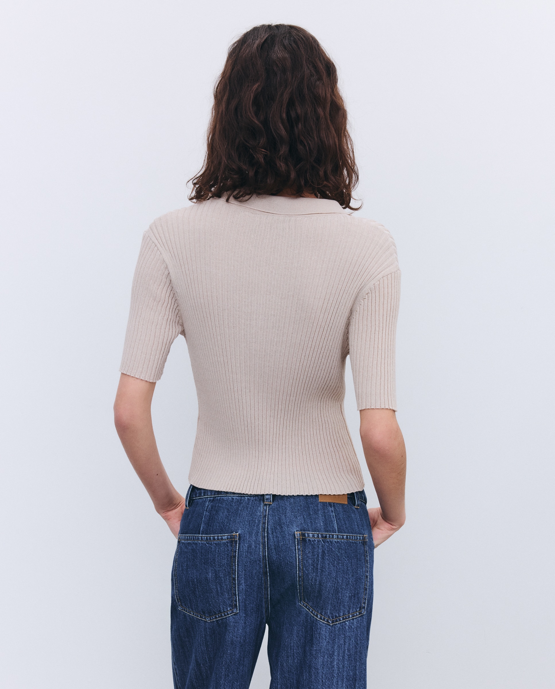 Camisola de Malha com Colarinho de Polo e Manga Curta Bege-3
