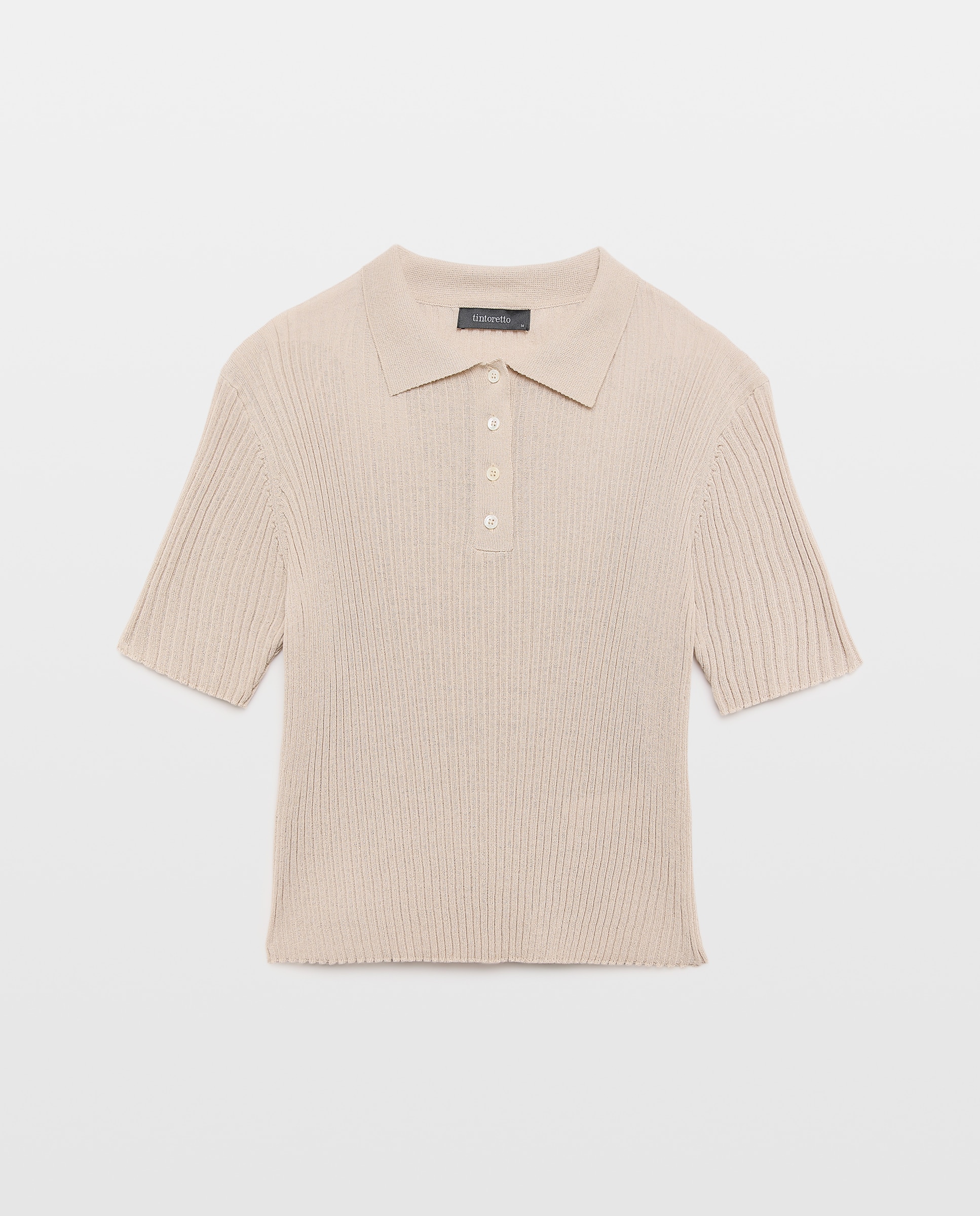 Camisola de Malha com Colarinho de Polo e Manga Curta Bege-5