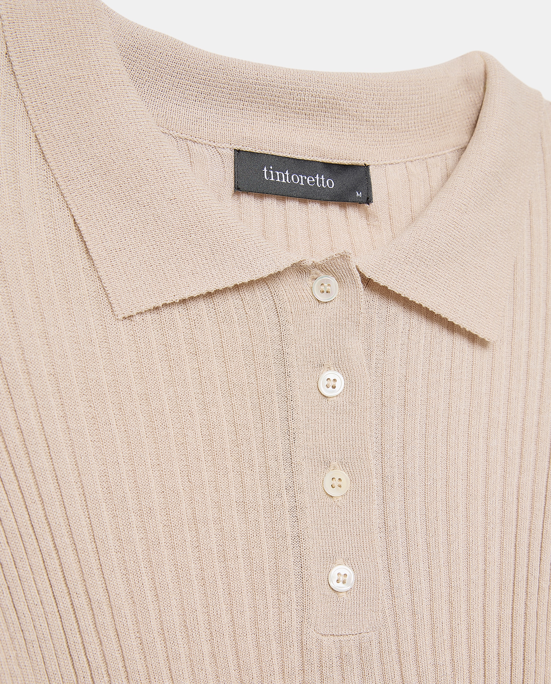 Camisola de Malha com Colarinho de Polo e Manga Curta Bege-6