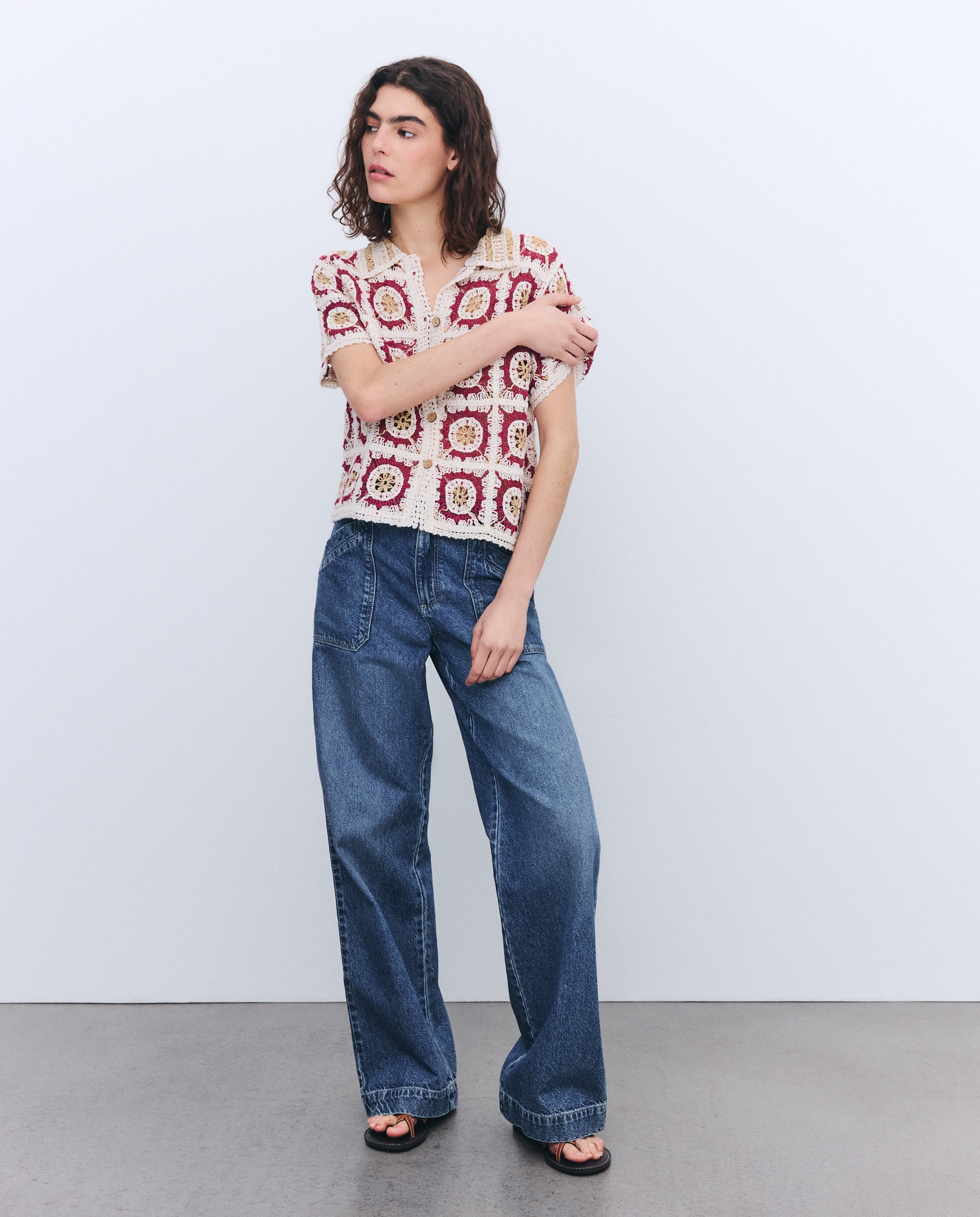 Camisola de Malha de Crochet com Fantasia e Manga Curta Ameixa-2