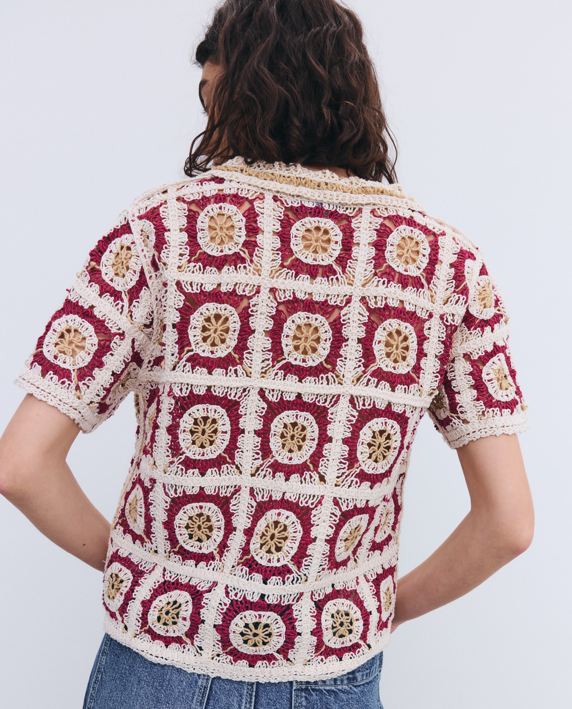 Camisola de Malha de Crochet com Fantasia e Manga Curta Ameixa-3