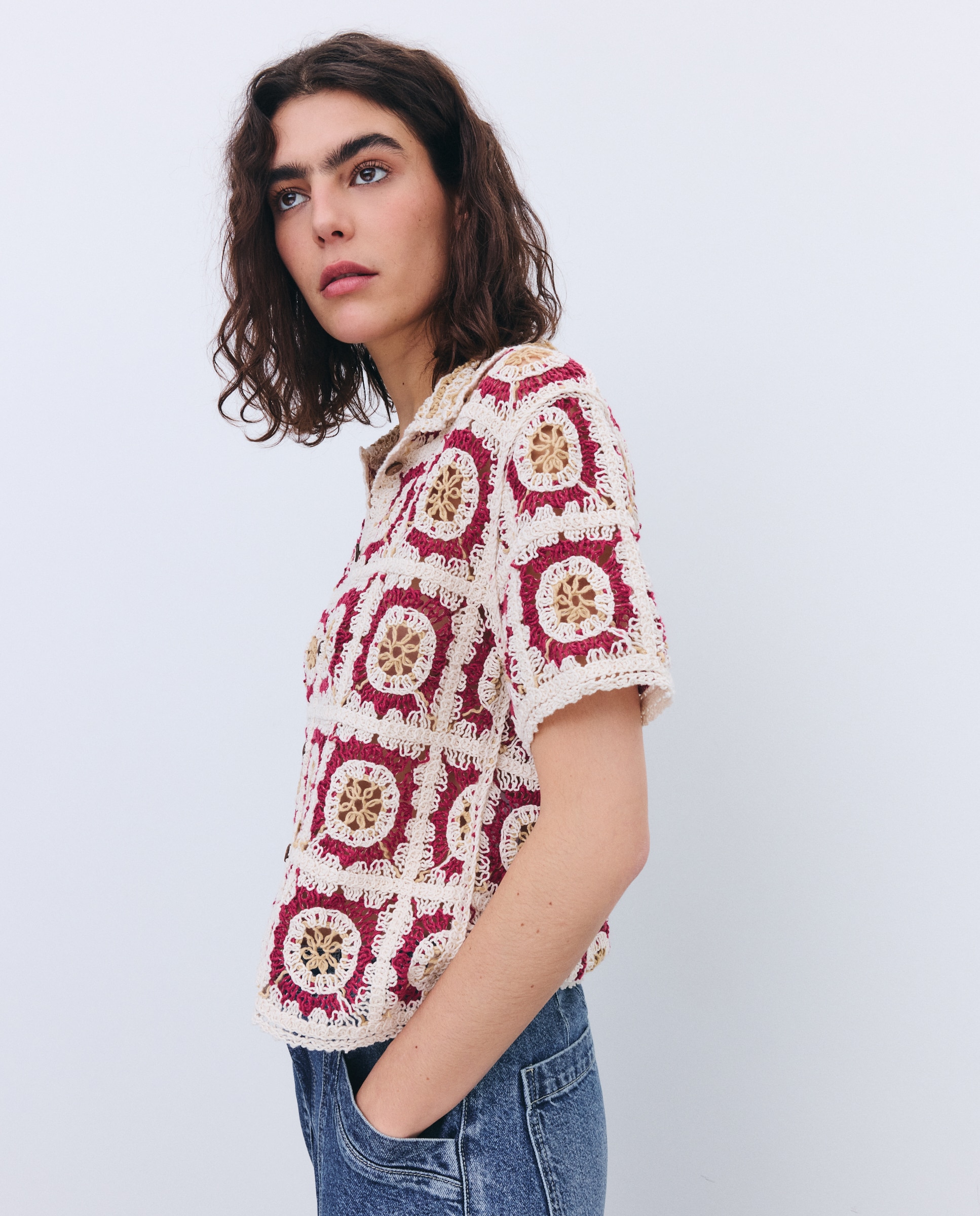 Camisola de Malha de Crochet com Fantasia e Manga Curta Ameixa-4