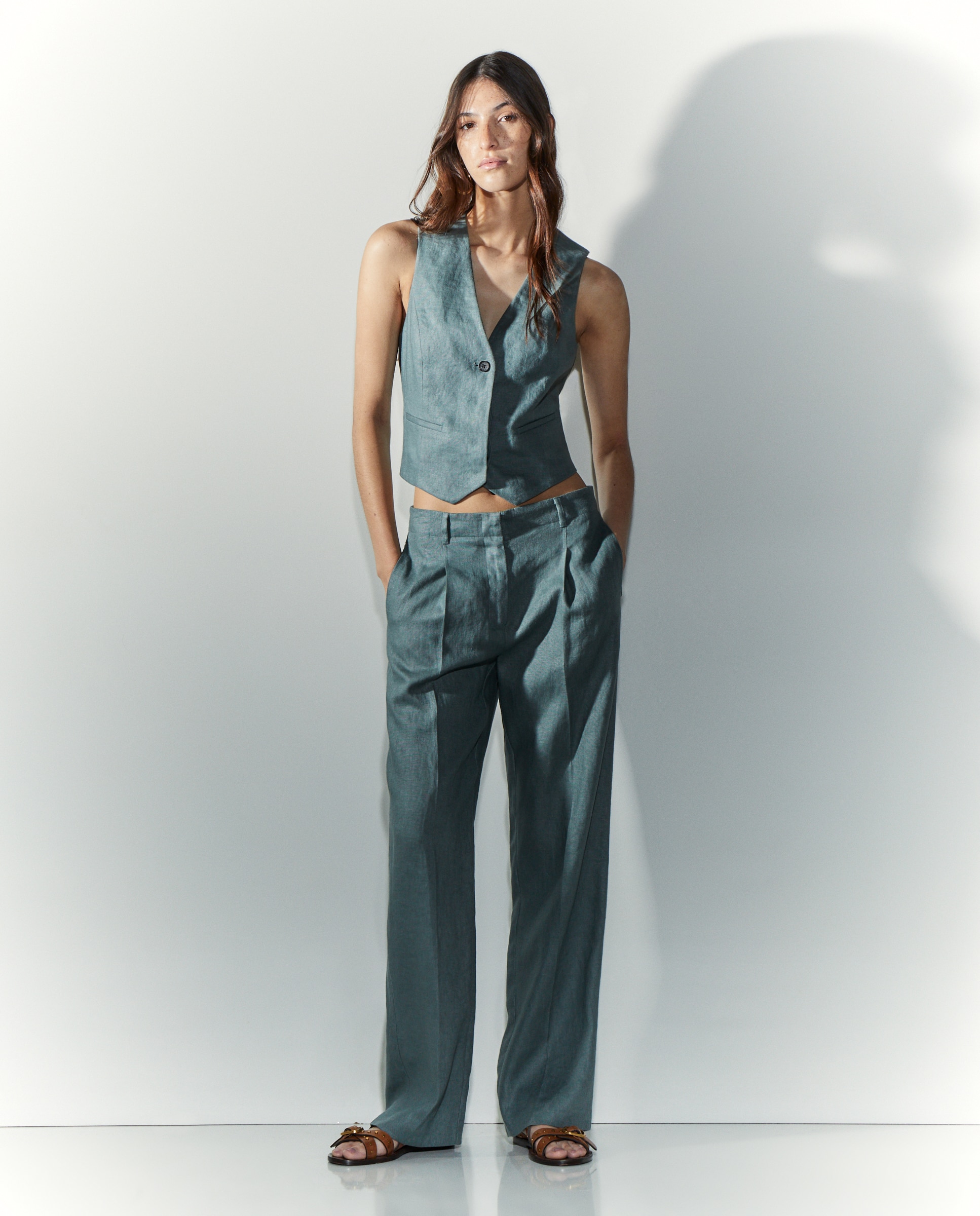 Calças de Fato de Linho Verde-1