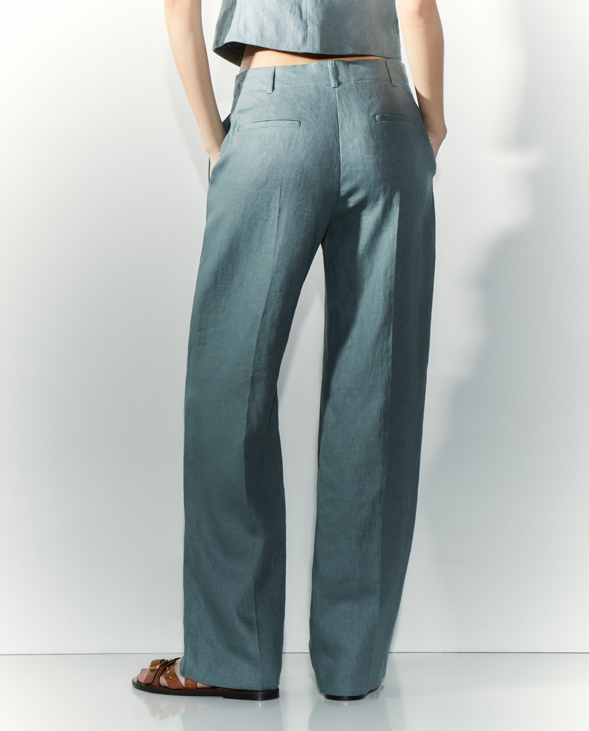 Calças de Fato de Linho Verde-3