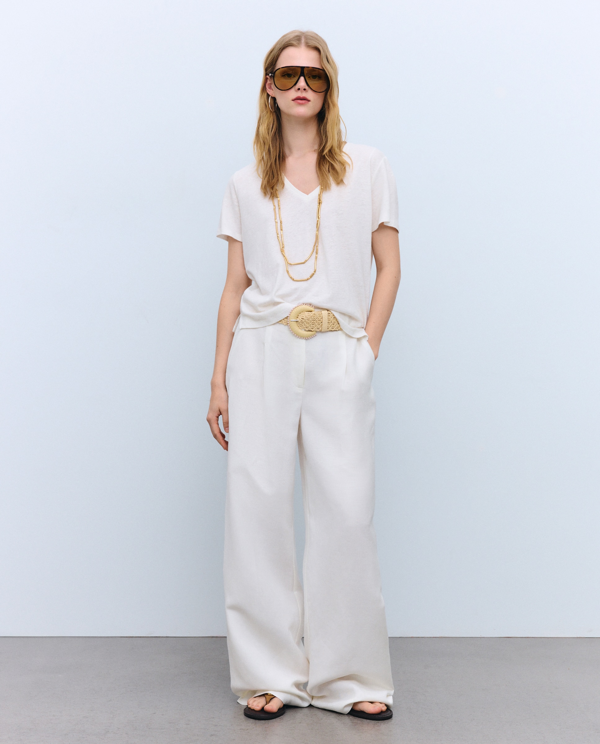Pantalón de mujer mezcla de lino con cinturón - Tintoretto - 120 Crudo 120 Crudo-1